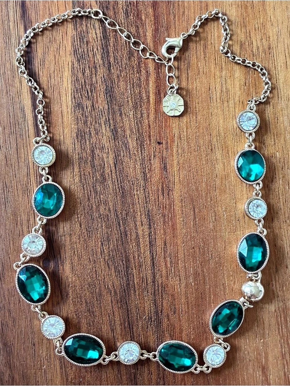 Monet Green Emerald-Style Crystal Statement Necklace Gold Tone Clear Holiday